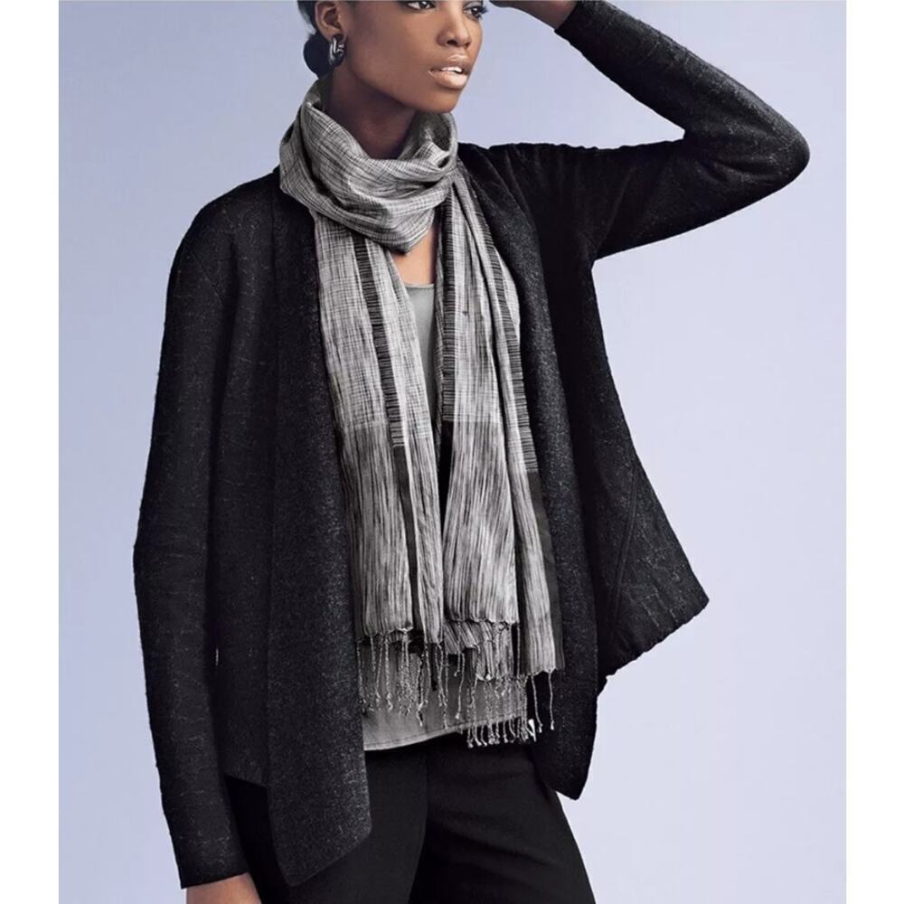 Eileen Fisher Mosaic Print Wool Blend Open Front Cardigan Black Size S